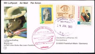 2304 Ecuador To Germany Ffc Card 1985 Lufthansa B - 747 Quito - Frankfurt photo