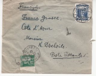Latvia To France Cov.  Mixed Franking Latvian 35snt & France 30c Postage Due 1937 photo