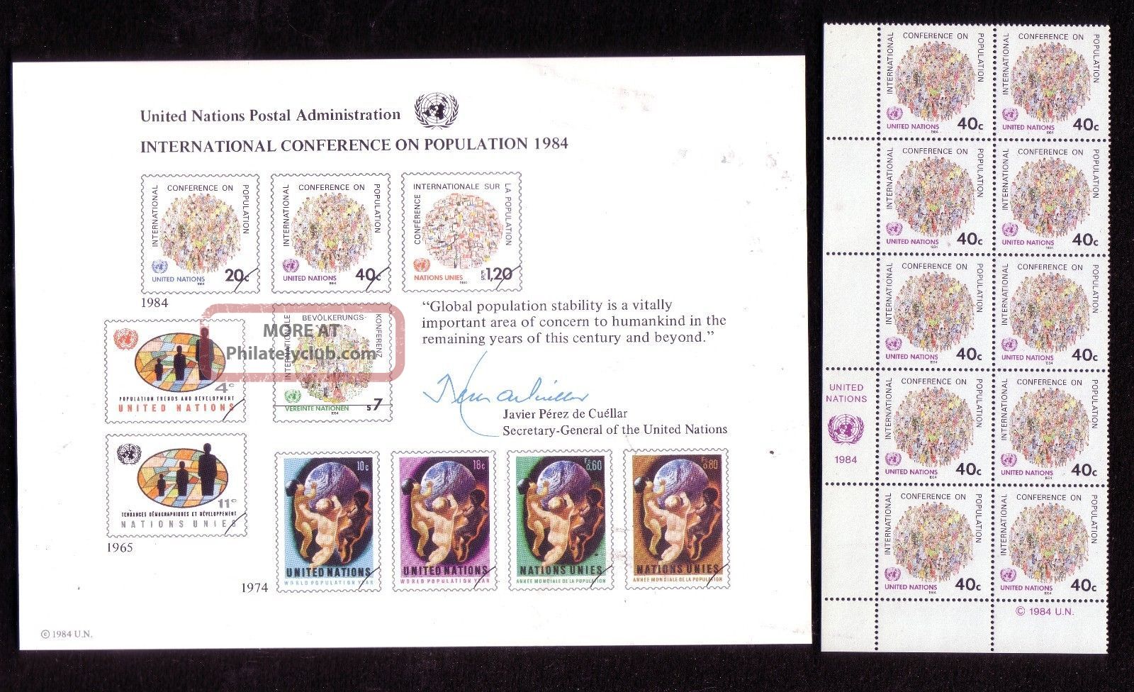 Sc25 418 Intl.  Conf.  On Population 1984 Un Souvenir Card Block 10 Forty Cents Worldwide photo