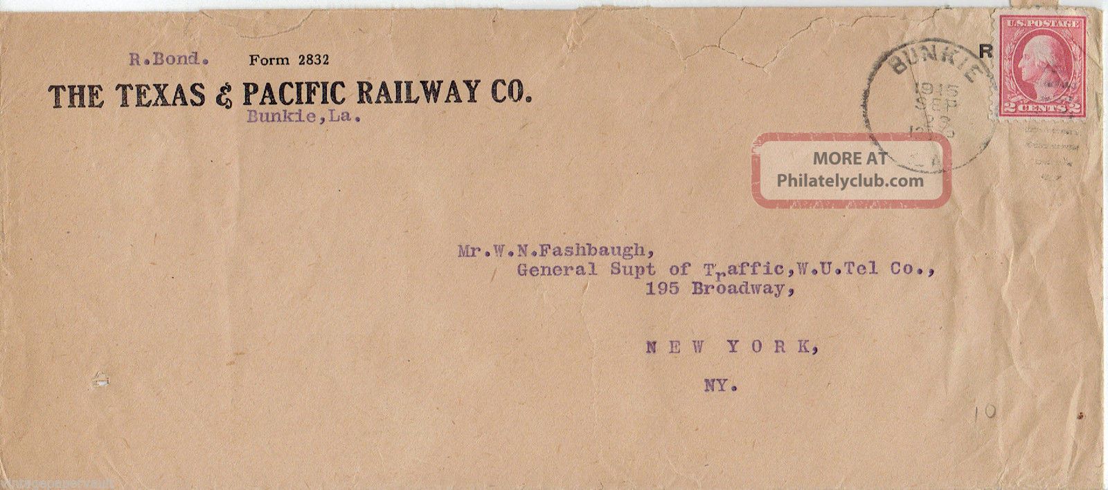 1915 Cover The Texas & Pacific Rail Road Bunkie,  La / W.  U.  Tel.  Co.  Business Worldwide photo