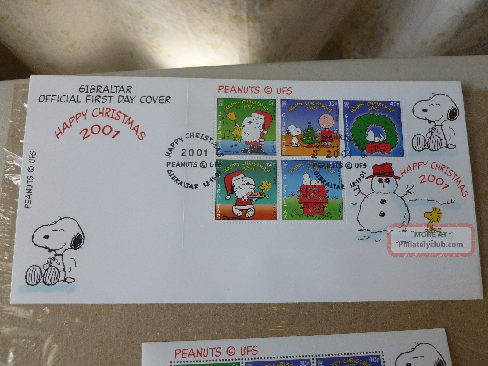 Peanuts 1st Day Cover Gibraltar Happy Xmas Fleetwood 2001&6 Gibraltar Stamp Rare Worldwide photo